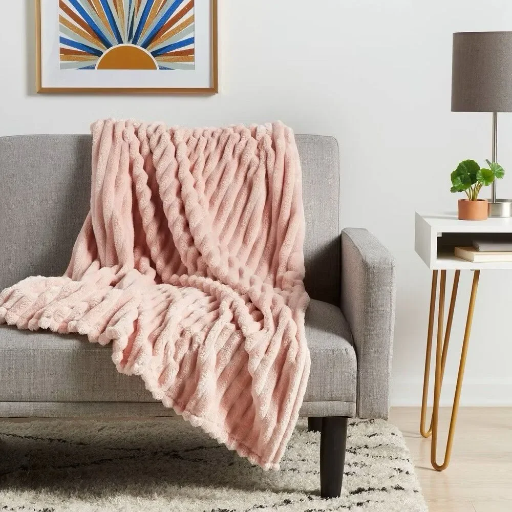 Room Essentials Blush Ribbed Plush Throw Blanket Soft Flannel New